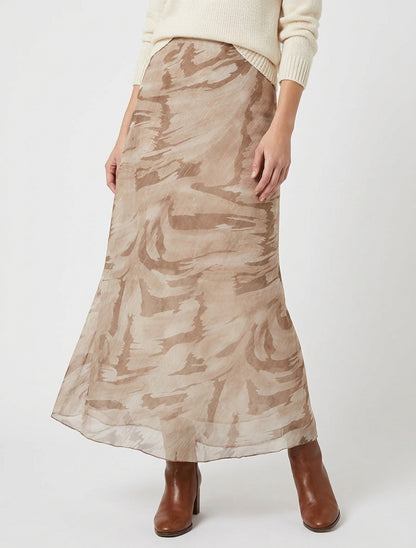 Lange rechte rok van iriserende voile met abstracte print - Beige