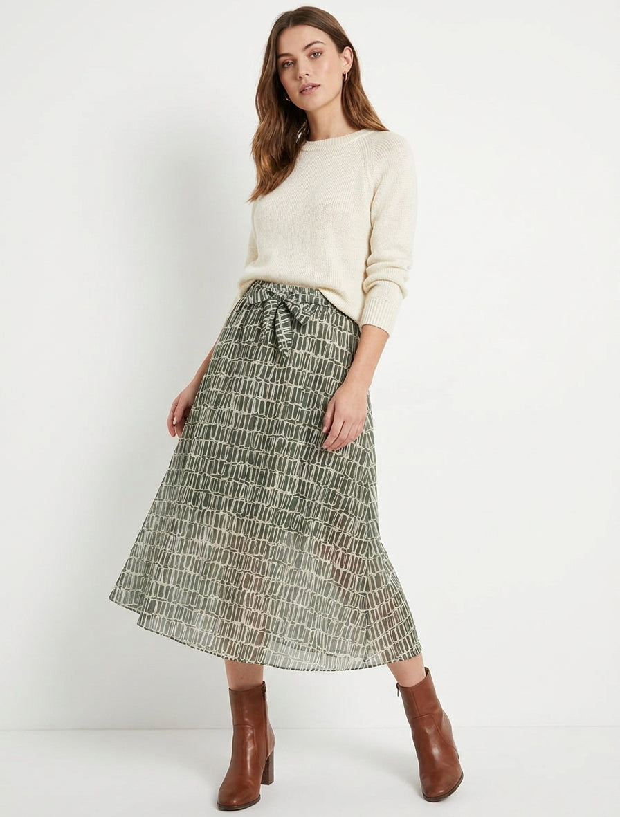 Midi-rok met iriserende biezen en grafische print. - Kaki