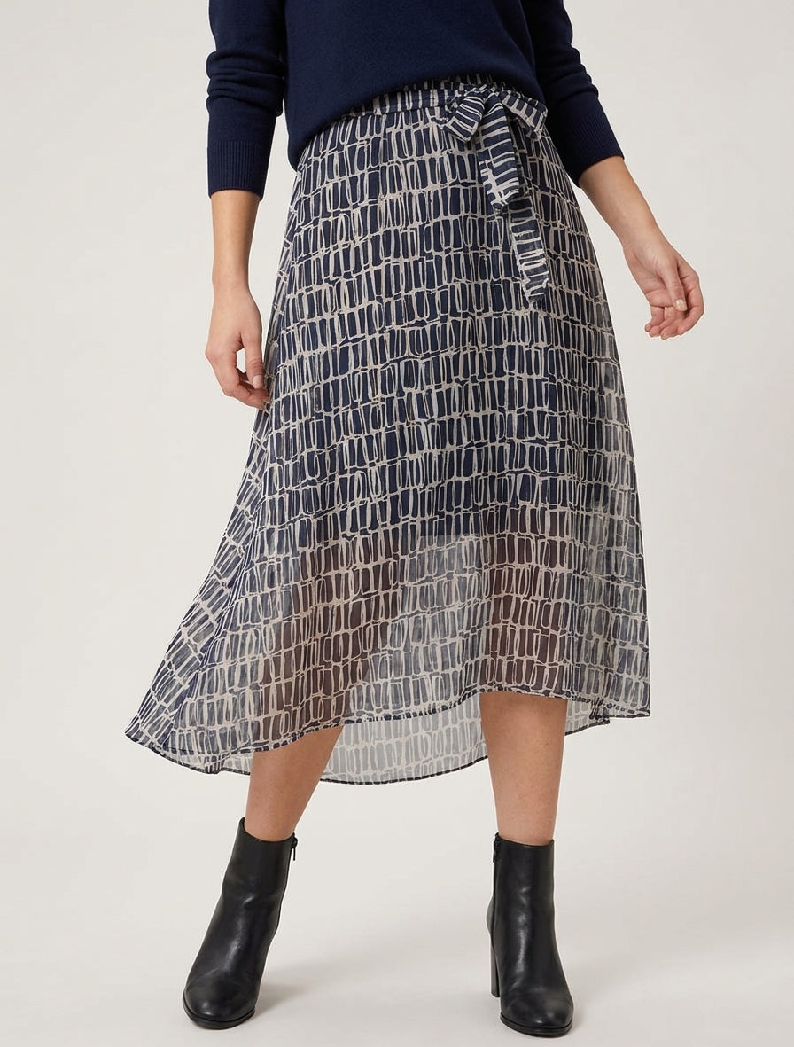 Midi-rok met iriserende biezen en grafische print. - Marine