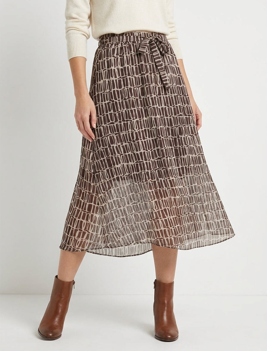 Midi-rok met iriserende biezen en grafische print. - Bruin