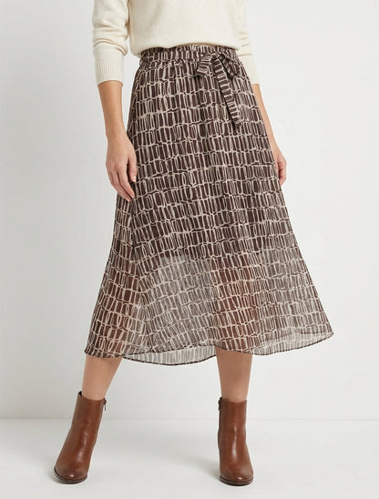 Midi-rok met iriserende biezen en grafische print. - Bruin