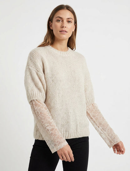 Effen trui met lange mouwen van twee materialen - Beige