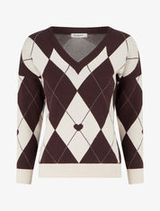 Pull à col V motif carreaux et coeur - Marron/beige - 1