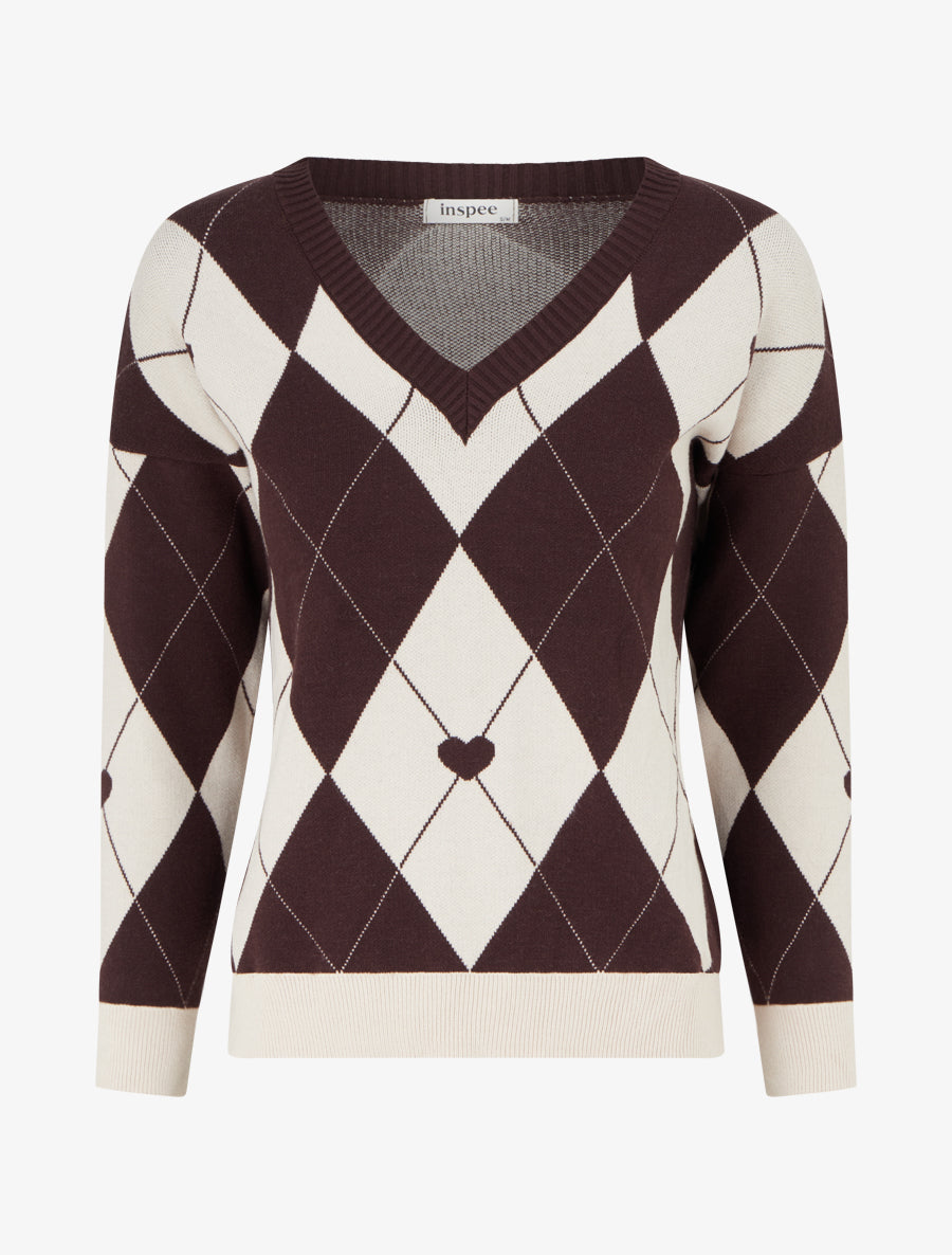 Pull à col V motif carreaux et coeur - Marron/beige - 1