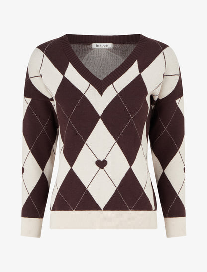 Pull à col V motif carreaux et coeur - Marron/beige - 1