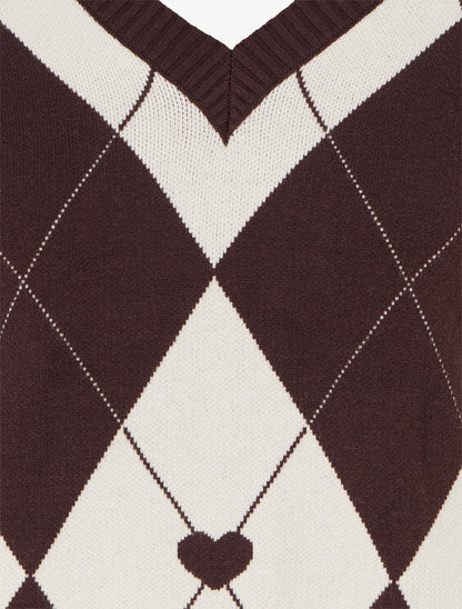 Pull à col V motif carreaux et coeur - Marron/beige - 3