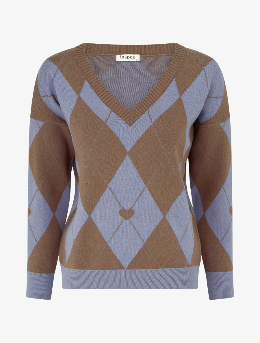 Pull à col V motif carreaux et coeur - Marron/bleu - 1