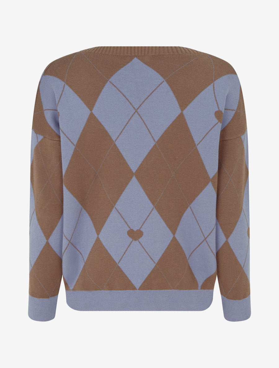 Pull à col V motif carreaux et coeur - Marron/bleu - 2