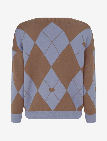 Pull à col V motif carreaux et coeur - Marron/bleu - 2