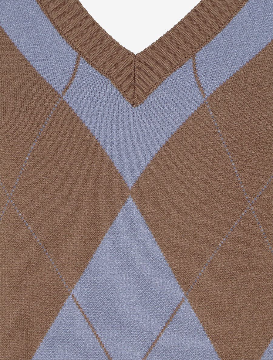 Pull à col V motif carreaux et coeur - Marron/bleu - 3