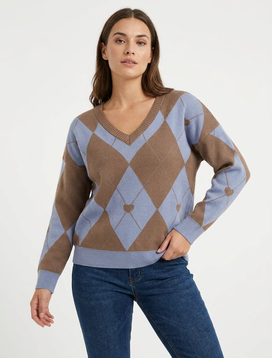V-hals trui met ruitjesmotief en hart - Bruin/blauw