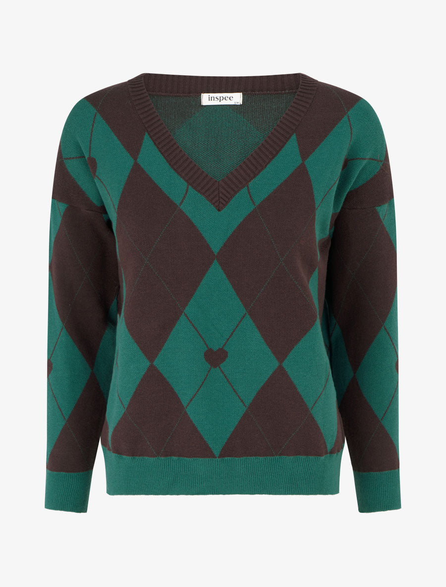 Pull à col V motif carreaux et coeur - Marron/vert foncé - 1