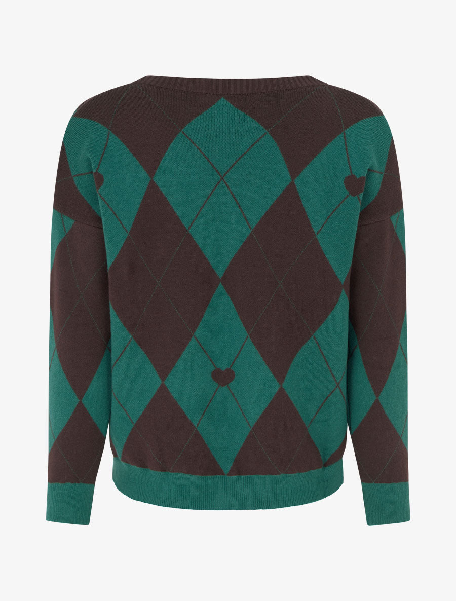 Pull à col V motif carreaux et coeur - Marron/vert foncé - 2