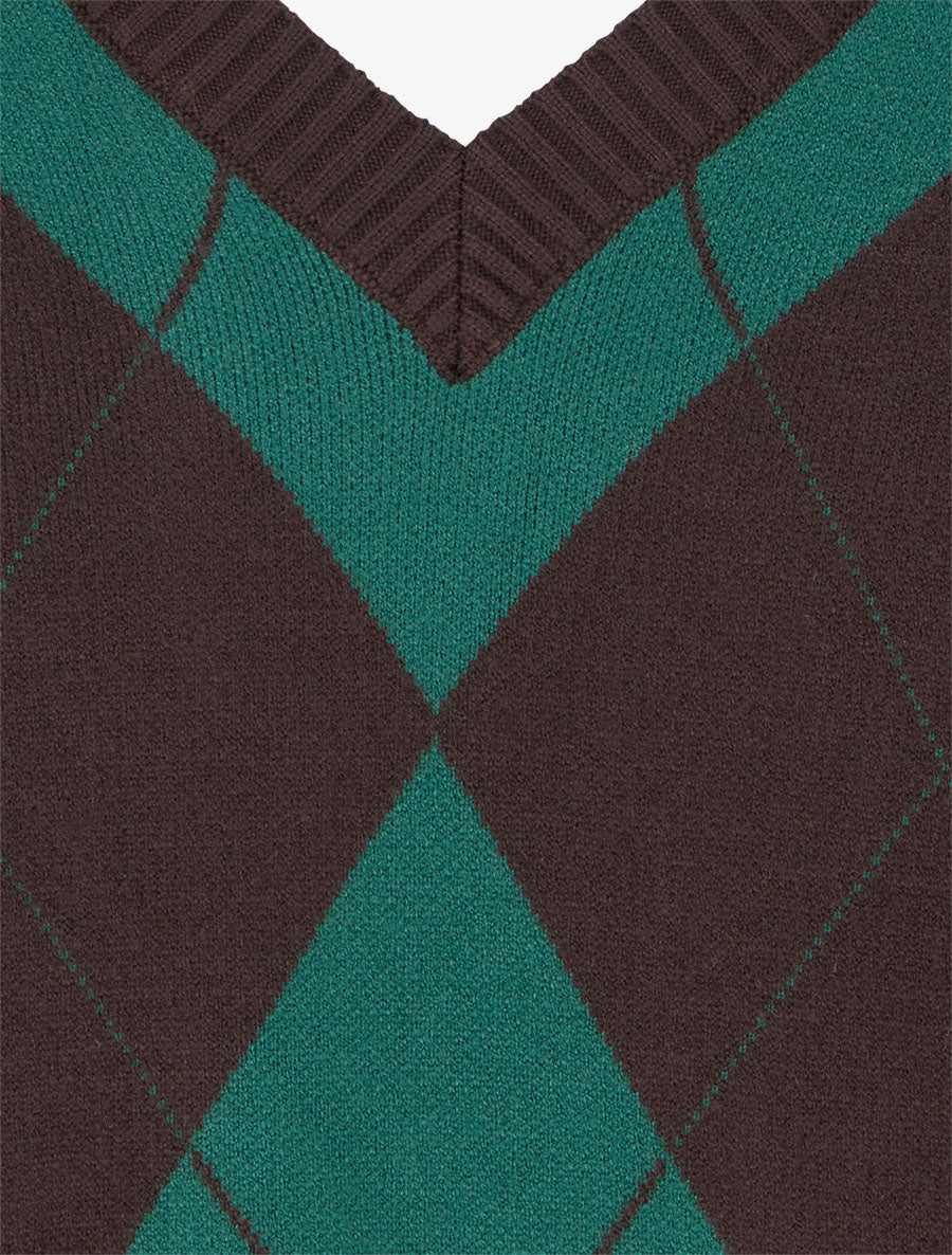 Pull à col V motif carreaux et coeur - Marron/vert foncé - 3
