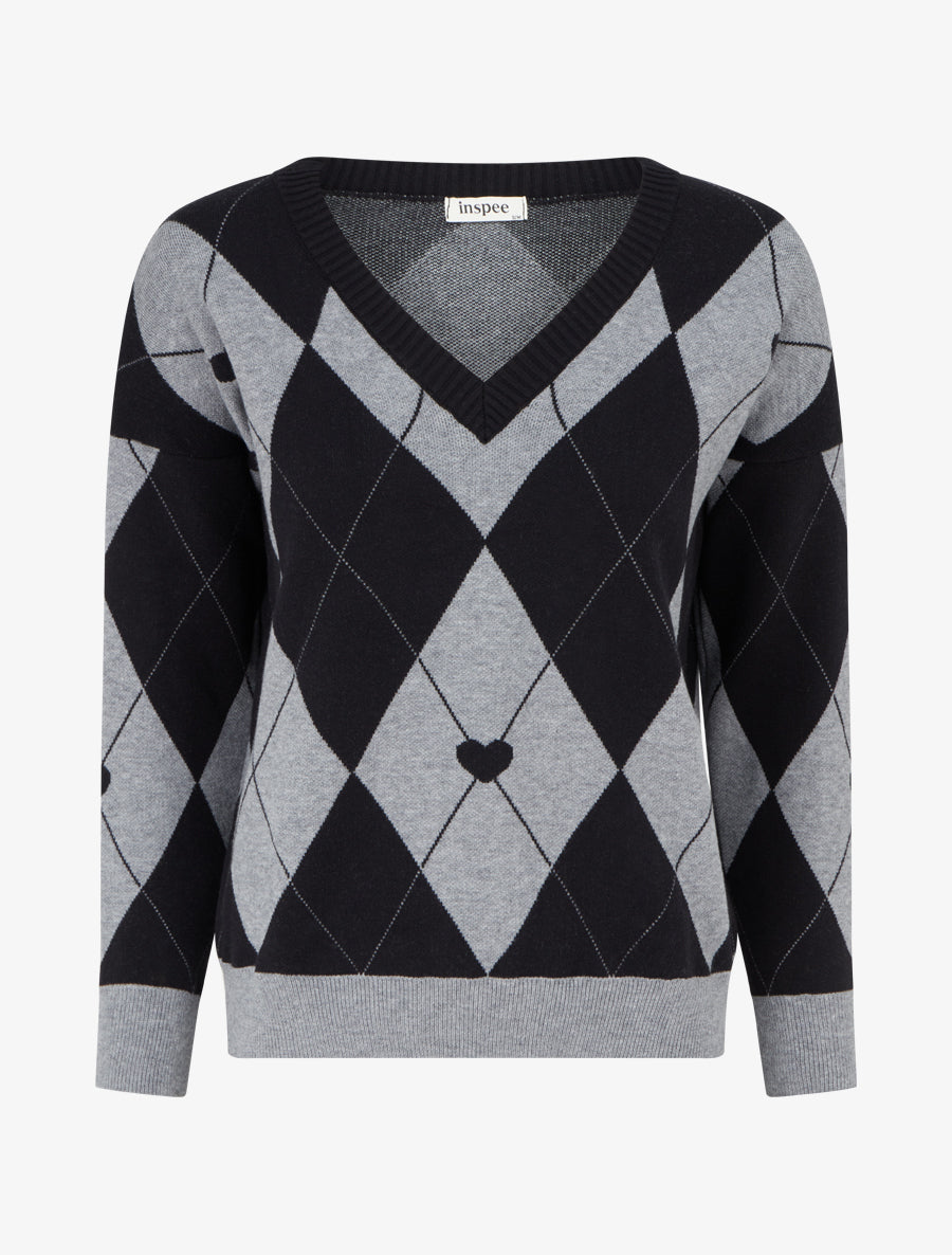 Pull à col V motif carreaux et coeur - Noir/gris - 1