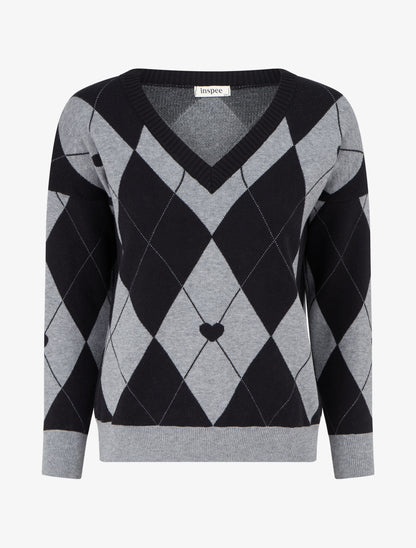 Pull à col V motif carreaux et coeur - Noir/gris - 1