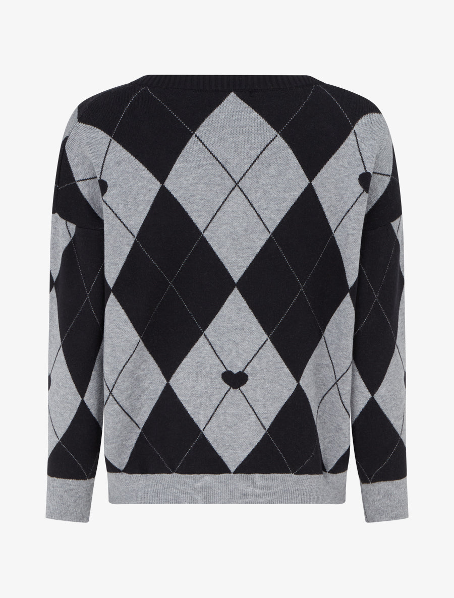 Pull à col V motif carreaux et coeur - Noir/gris - 2