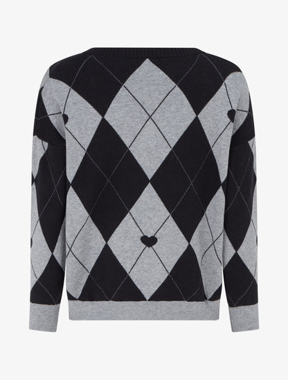 Pull à col V motif carreaux et coeur - Noir/gris - 2