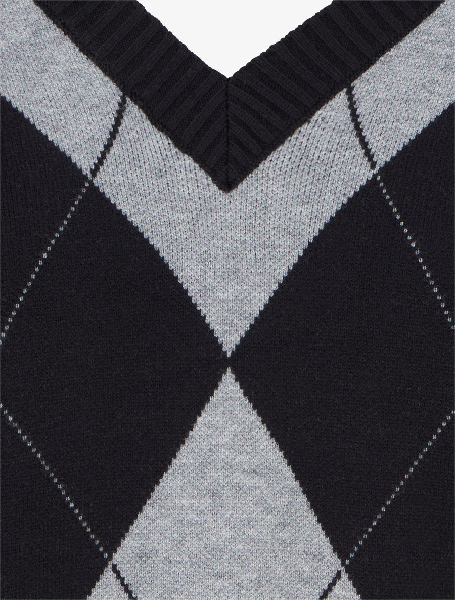 Pull à col V motif carreaux et coeur - Noir/gris - 3