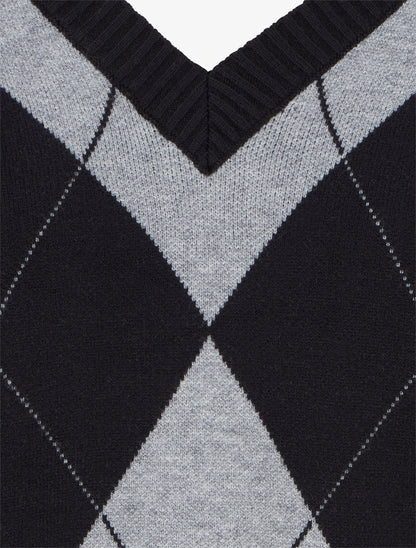 Pull à col V motif carreaux et coeur - Noir/gris - 3