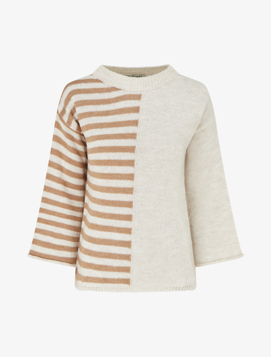 Pull en mohair mélangé à rayures et col rond - Beige - 1