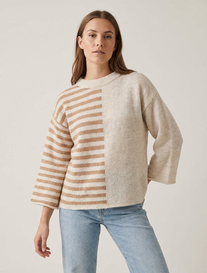 Gestreepte trui van mohairmix met ronde hals - Beige