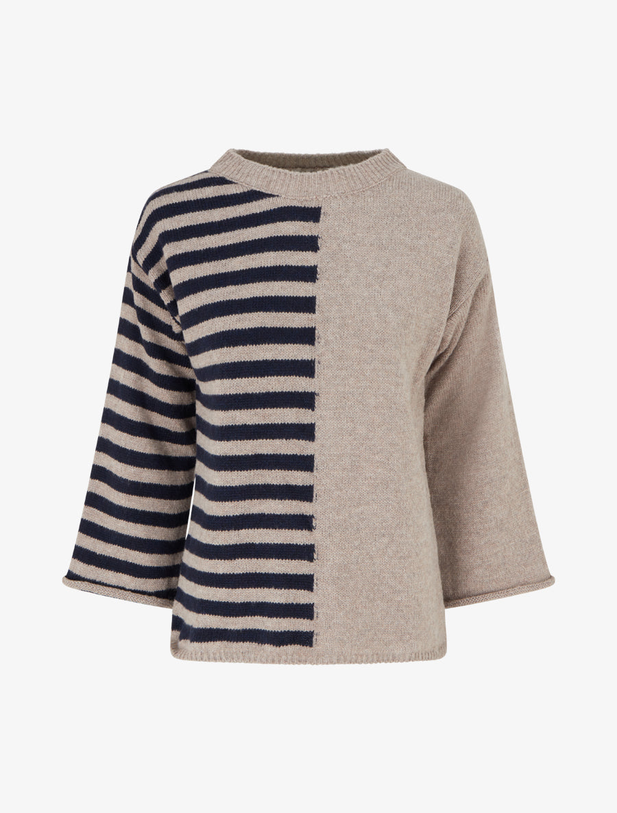 Pull en mohair mélangé à rayures et col rond - Taupe - 1
