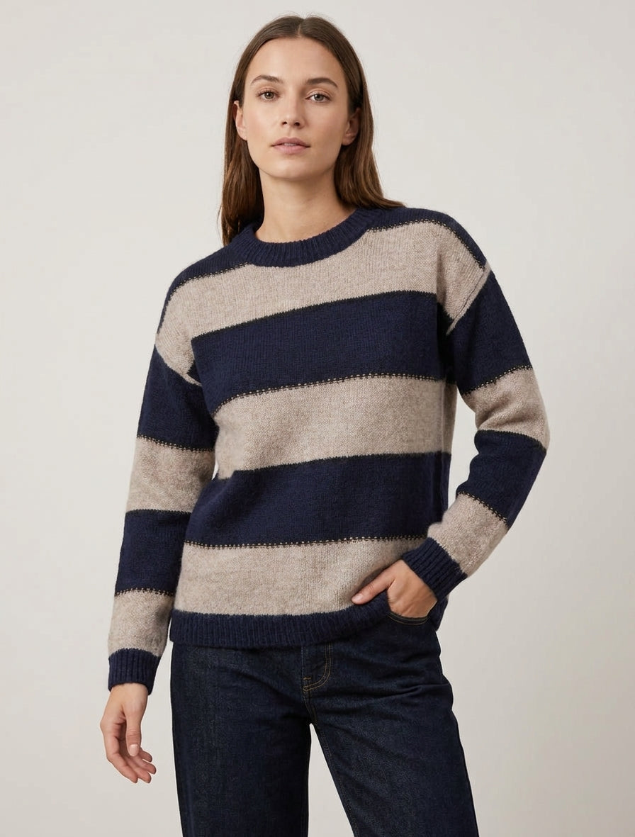Trui met driekleurige strepen in gemengde mohair - Marine