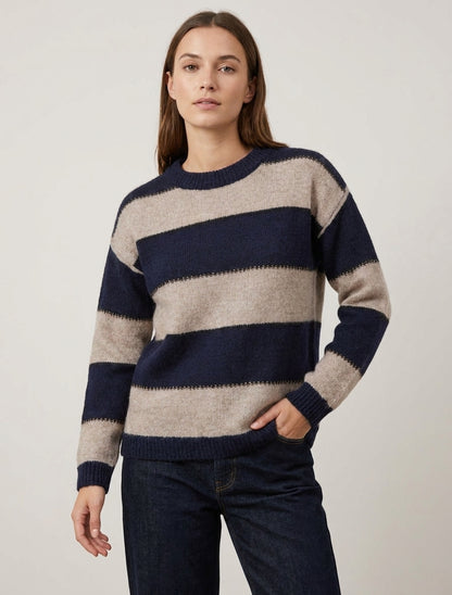 Trui met driekleurige strepen in gemengde mohair - Marine