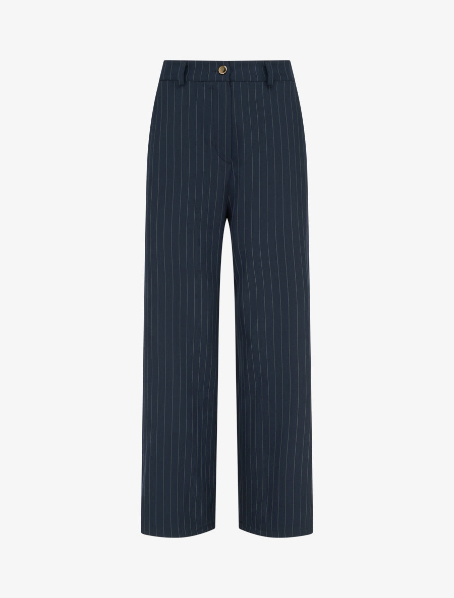 Pantalon rayé à taille élastiquée - Marine - 1