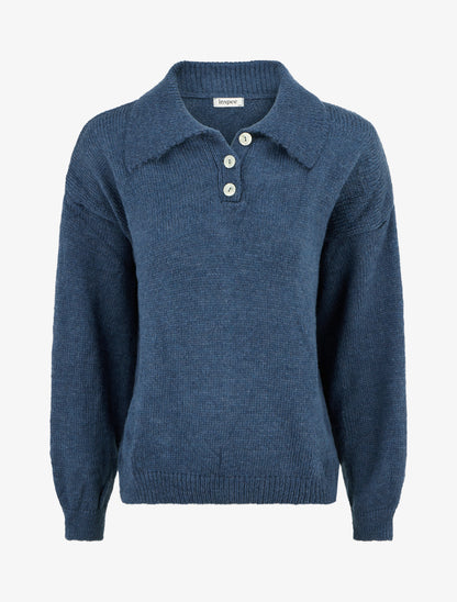 Pull en maille à col boutonné - Bleu canard - 1