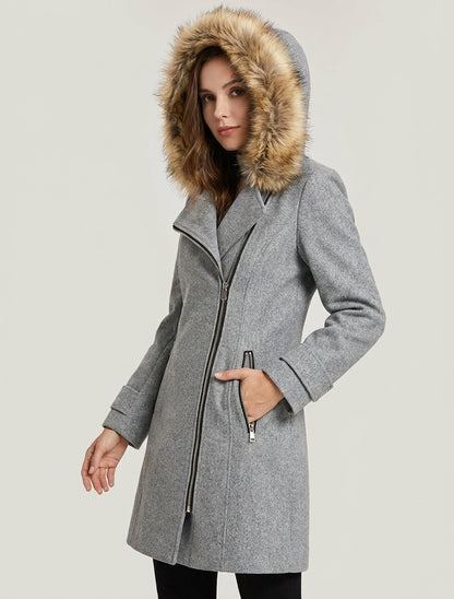 Lange jas met asymmetrische rits en bont op de capuchon - Grijs