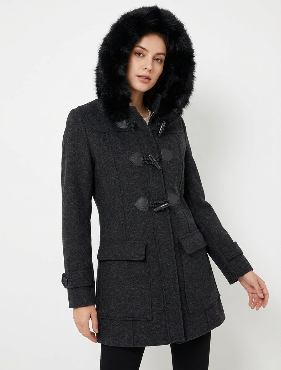 Effen duffelcoat met capuchon - Antracietgrijs