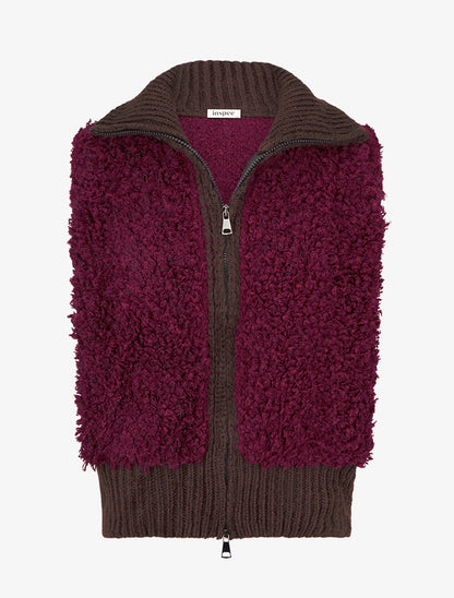 Gilet bicolore zippé sans manches effet bouclé - Lie de vin/marron - 1