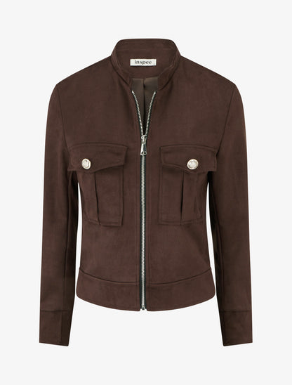 Veste en suédine zippée à poche à rabat - Marron - 1