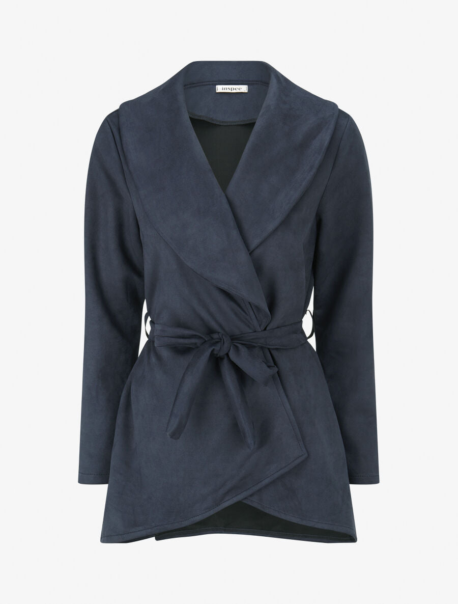 Veste longue unie en suédine - Marine - 1