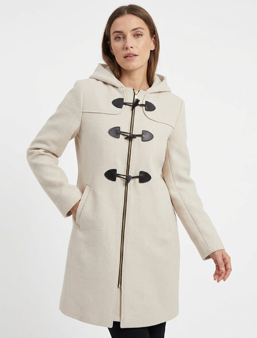 Effen duffelcoat met capuchon - Crème