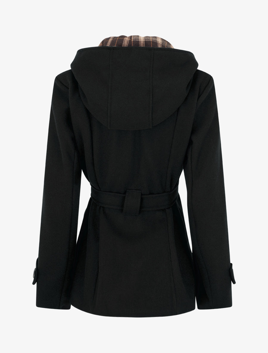 Manteau uni à capuche imprimée amovible - Noir - 2