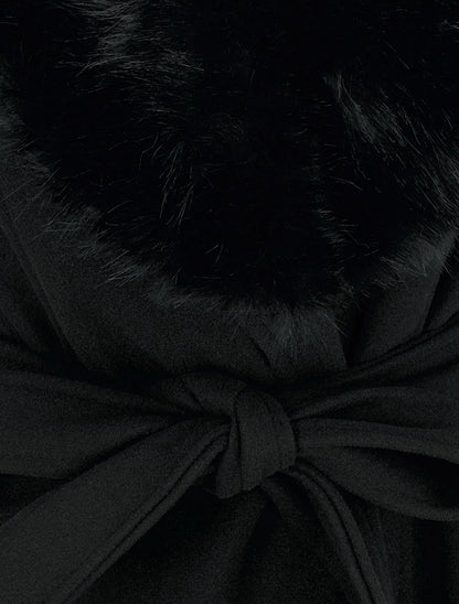 Manteau à col en fourrure synthétique amovible - Noir - 3