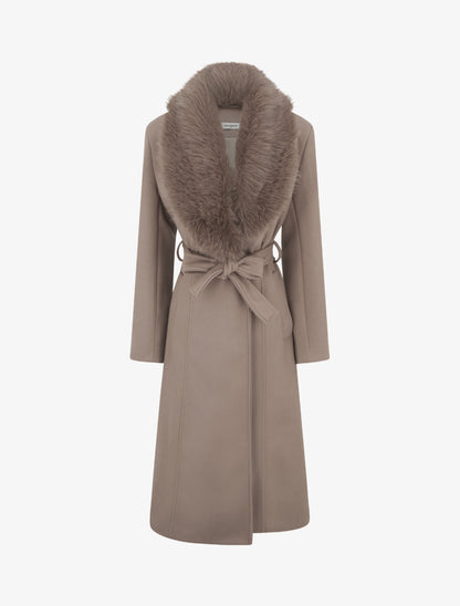 Manteau à col en fourrure synthétique amovible - Taupe - 1