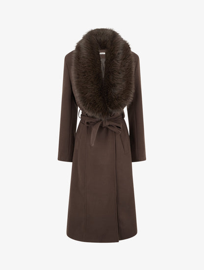 Manteau à col en fourrure synthétique amovible - Marron - 1