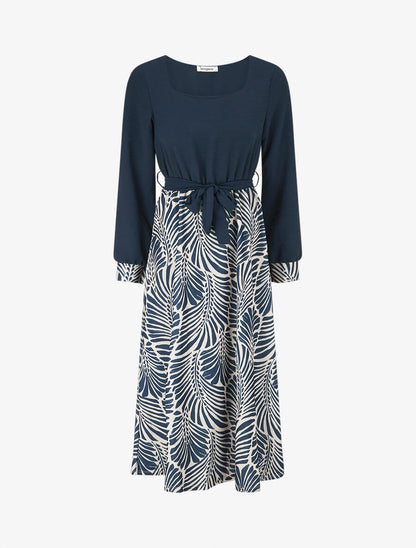 Robe évasée à jupe imprimé végétal - Marine - 1