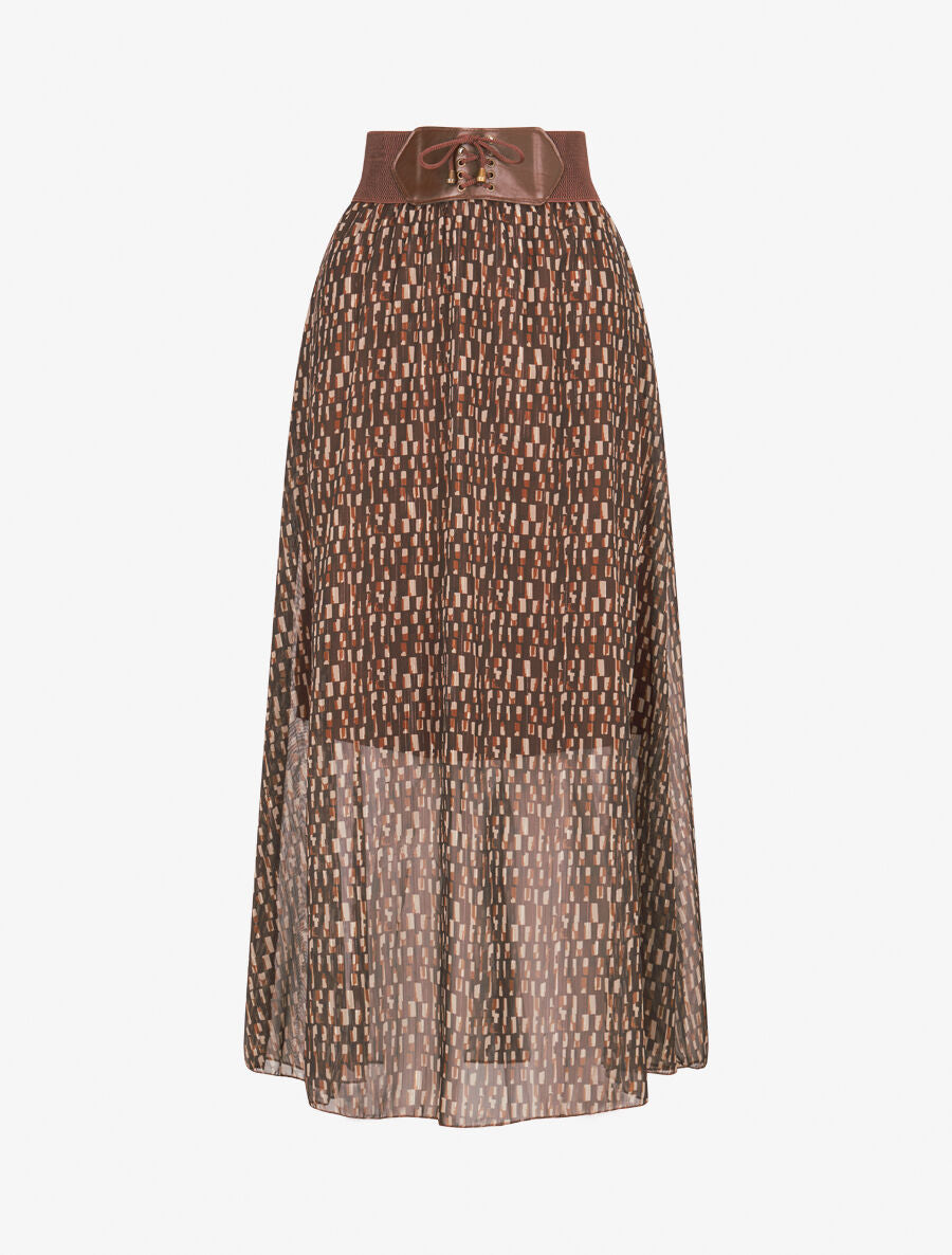 Jupe longue en voile imprimé cubes - Marron - 5