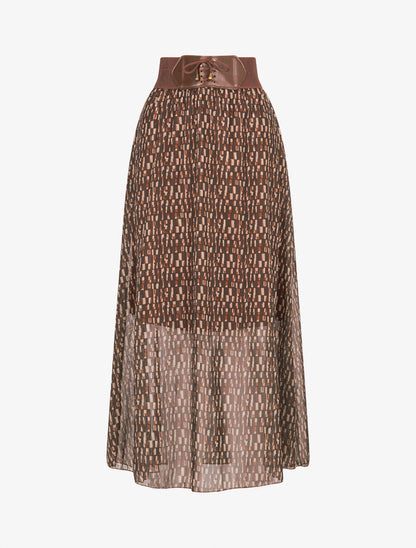 Jupe longue en voile imprimé cubes - Marron - 5