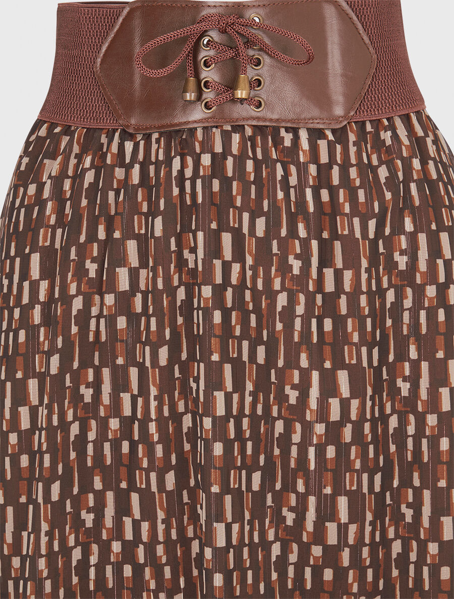 Jupe longue en voile imprimé cubes - Marron - 3