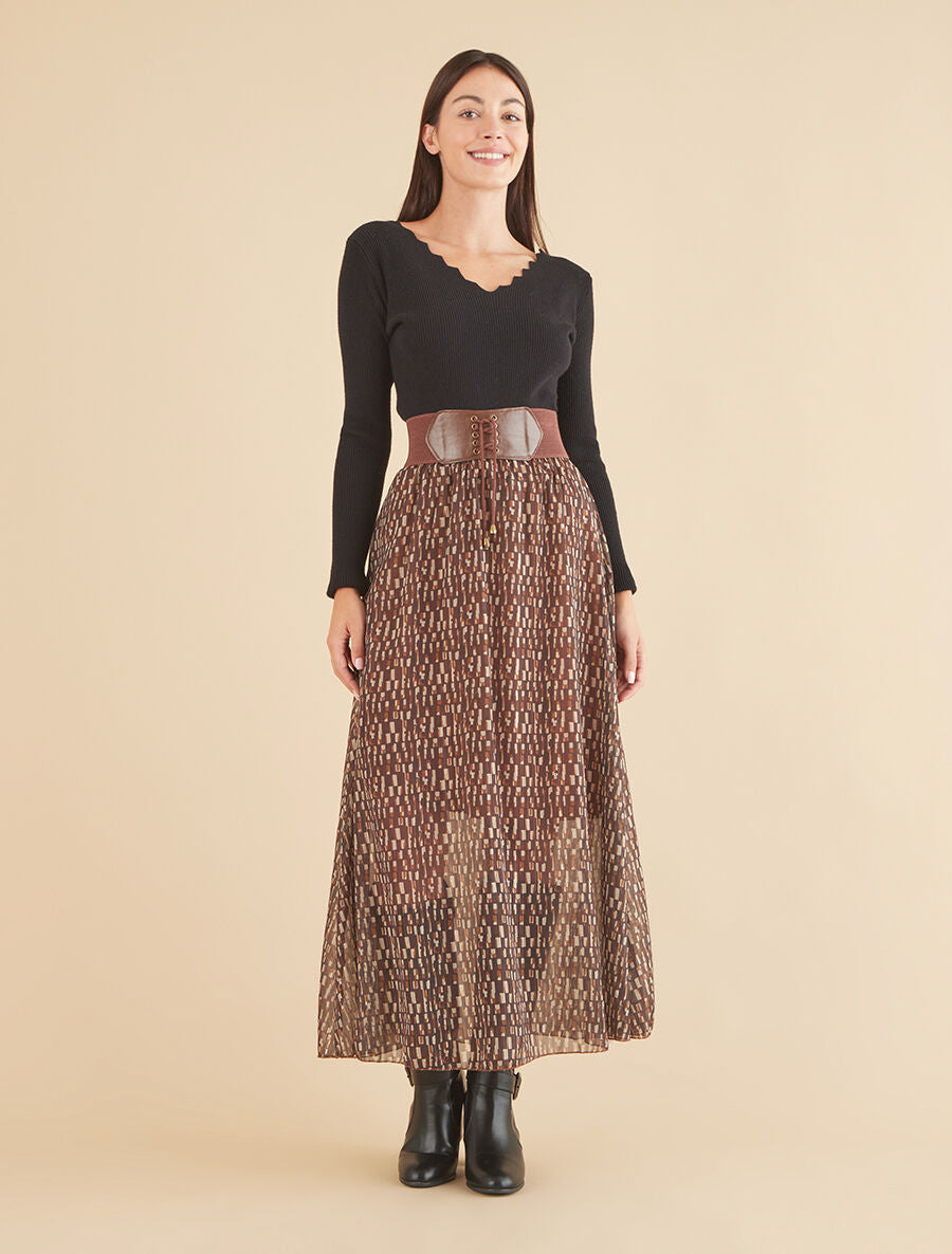 Jupe longue en voile imprimé cubes - Marron - 4