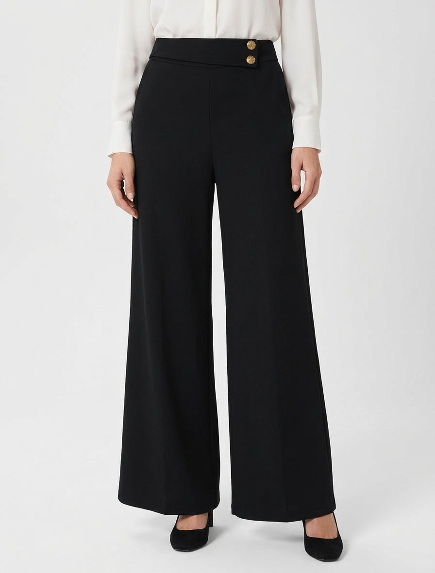 Wijde broek met elastische hoge taille. - Zwart