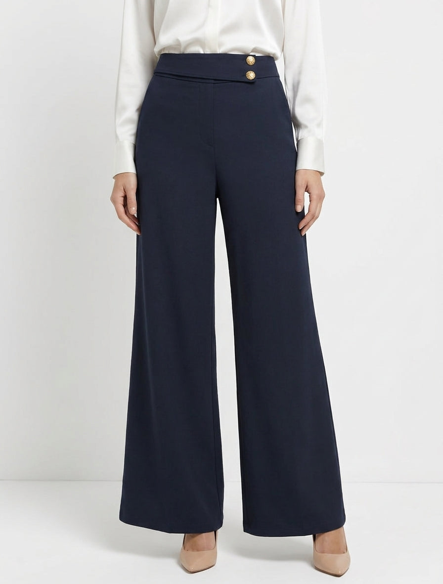Wijde broek met elastische hoge taille. - Marine