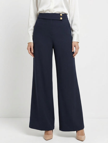 Wijde broek met elastische hoge taille. - Marine