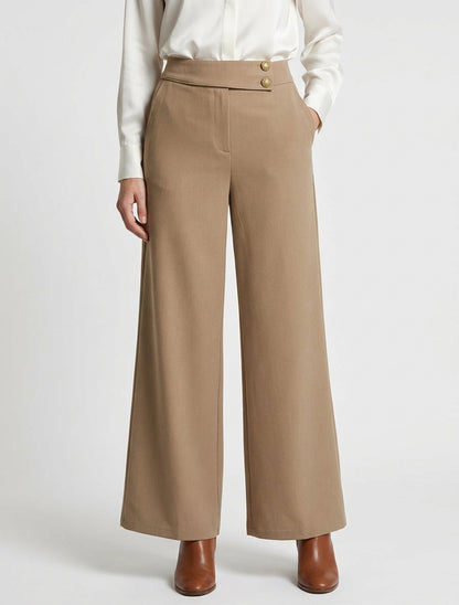 Wijde broek met elastische hoge taille. - Licht kameel